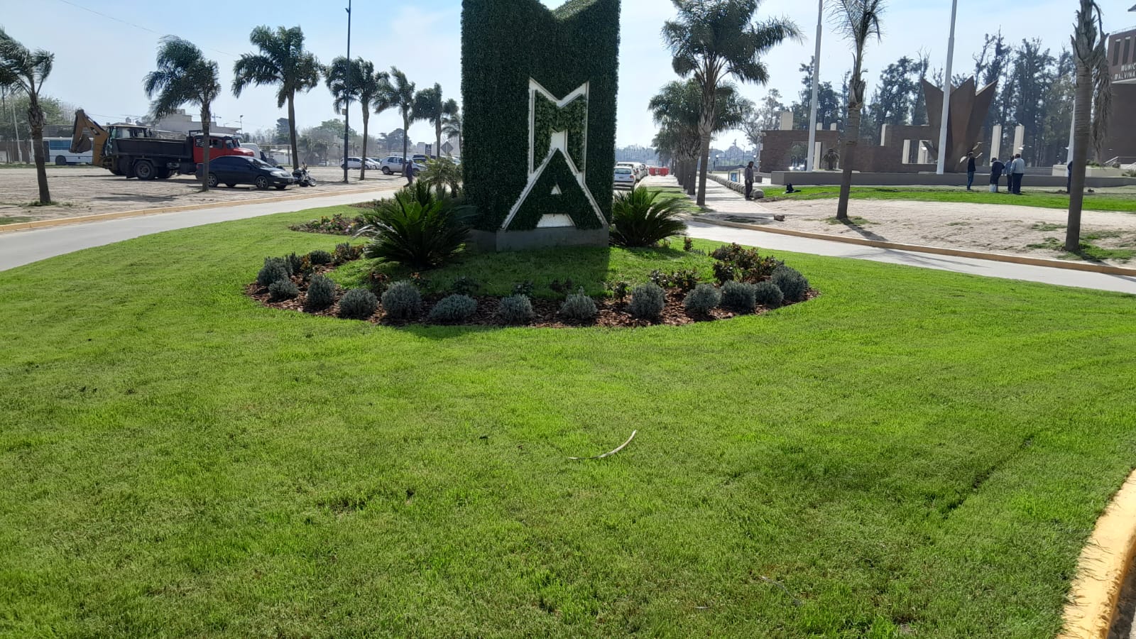 Cantero con palmeras y arbustos en rotonda urbana